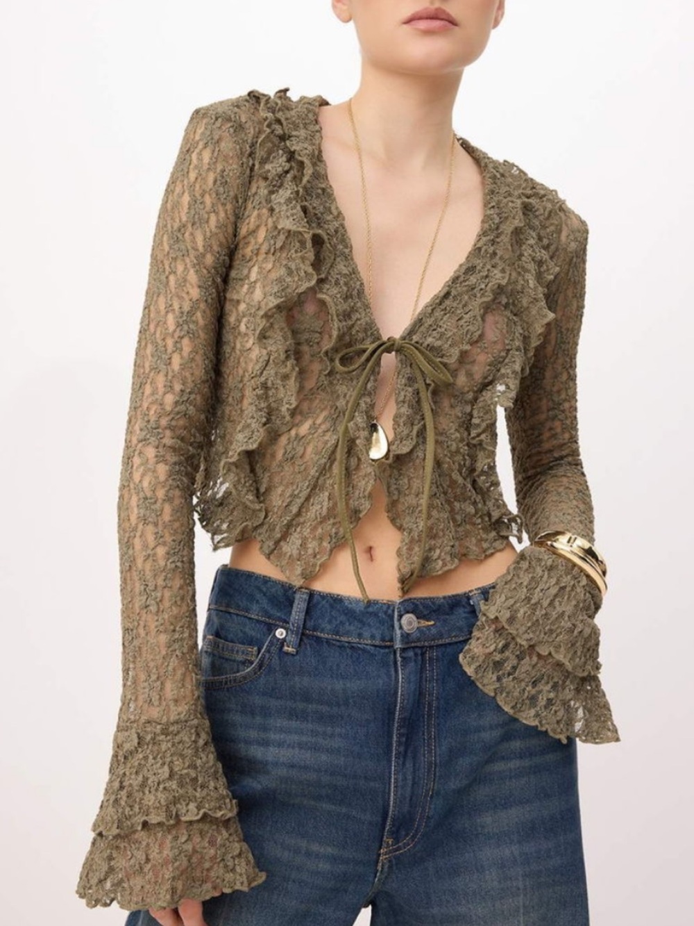Zara Olive Green Lace Ruffled Tie-Front Blouse